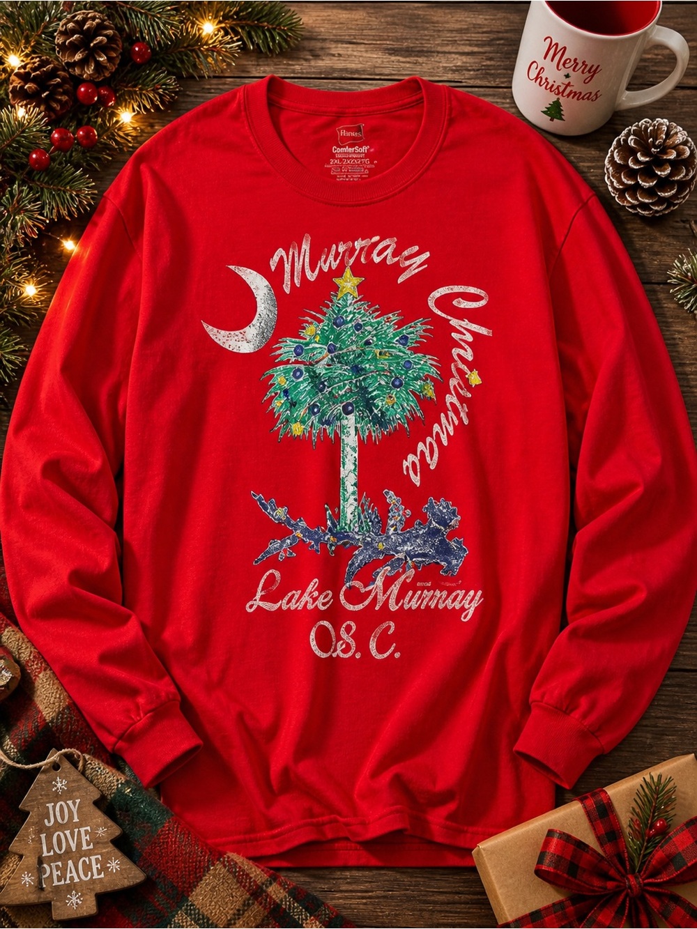 Lake Murray SC Christmas Long Sleeve Tee 2XL Hanes ComfortSoft Red Graphic Shirt